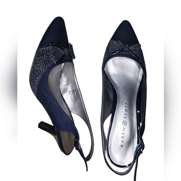 KAREN SCOTT navy blue bow kitten heel slingback pointy toe size 7.5 - Picture 2 of 6